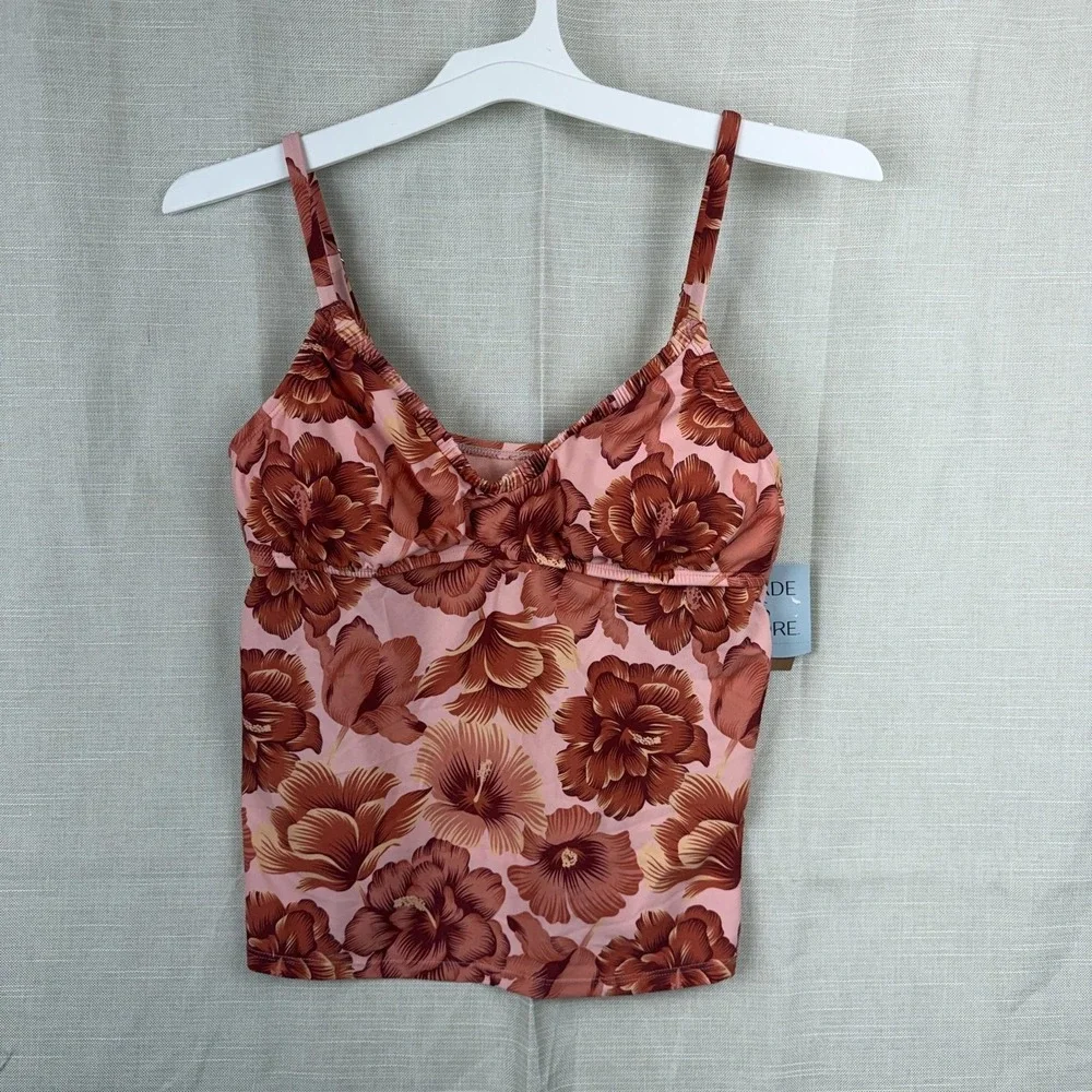 Shade & Shore Tankini Swim Top Womens Medium Pink Hibiscus Floral Adjustable NWT